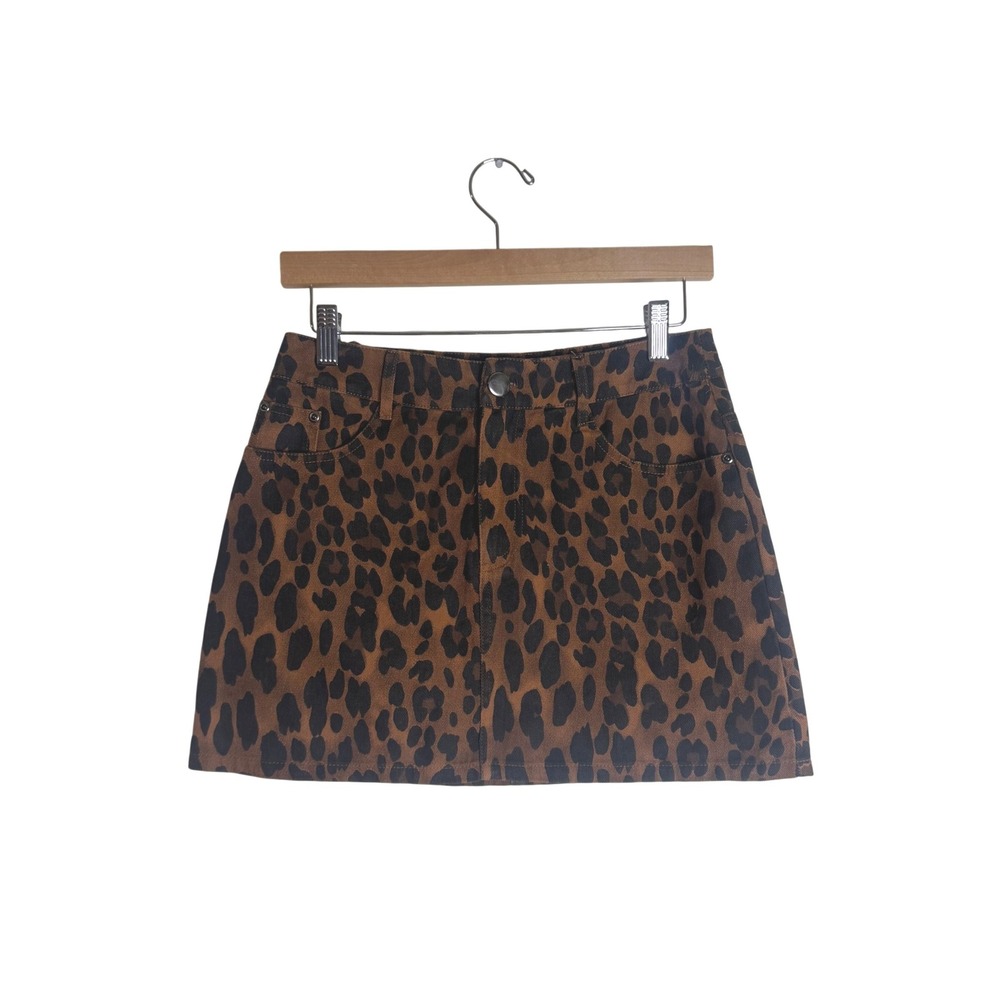 Evenuel Women's Leopard Print Denim Mini Skirt Brown Size S